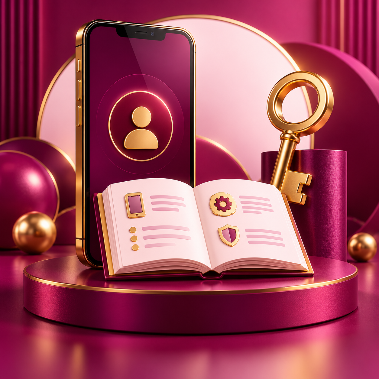 Magenta smartphone, gold key, guidebook and profile symbol for complete account access