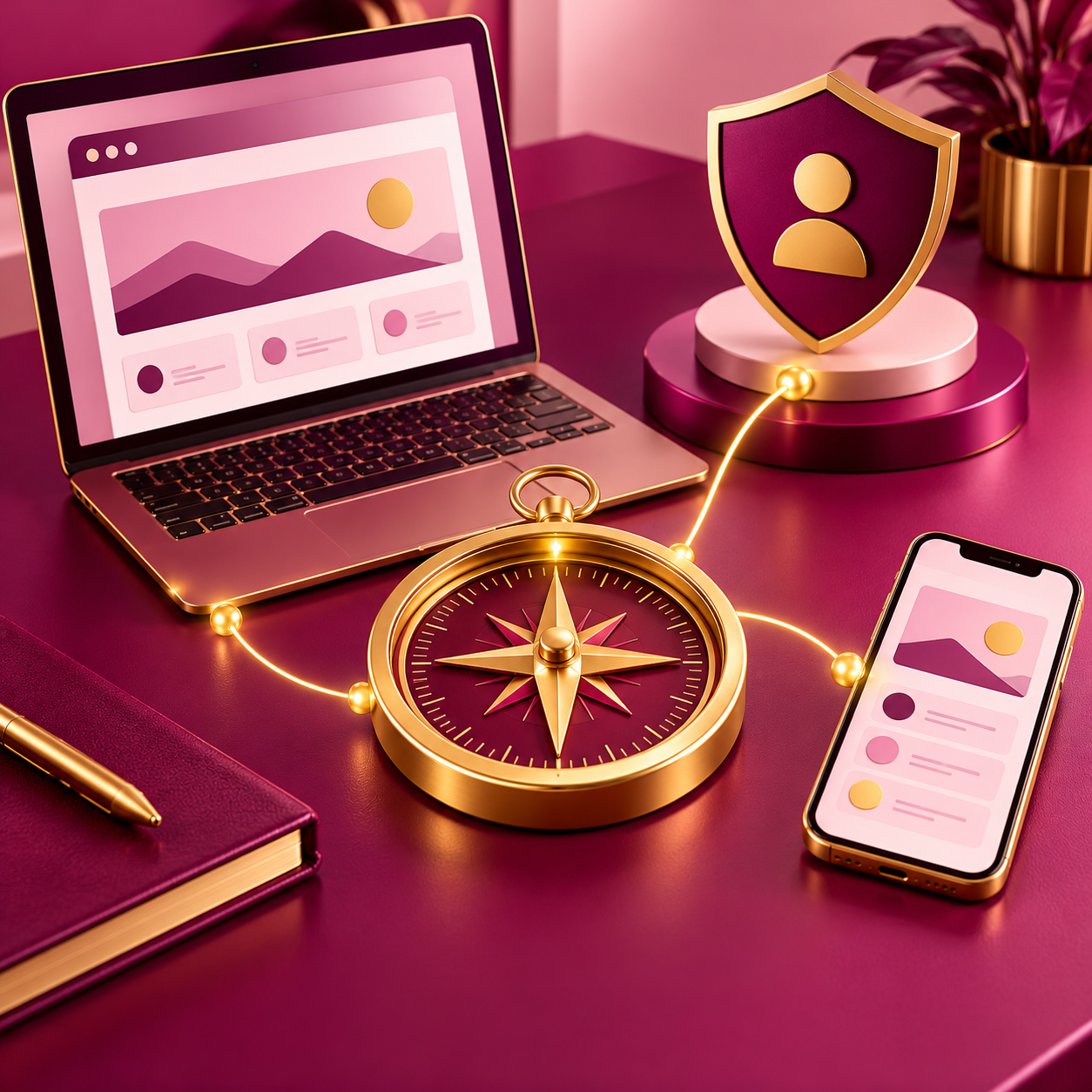 Gold compass linking a browser, phone and account shield