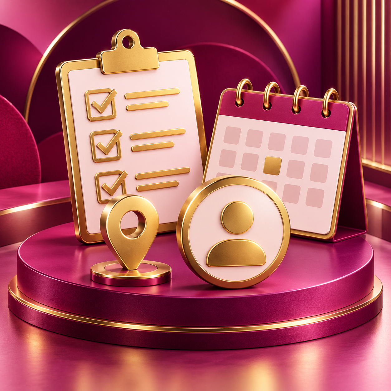 Gold calendar, checklist and location pin illustrating account eligibility research
