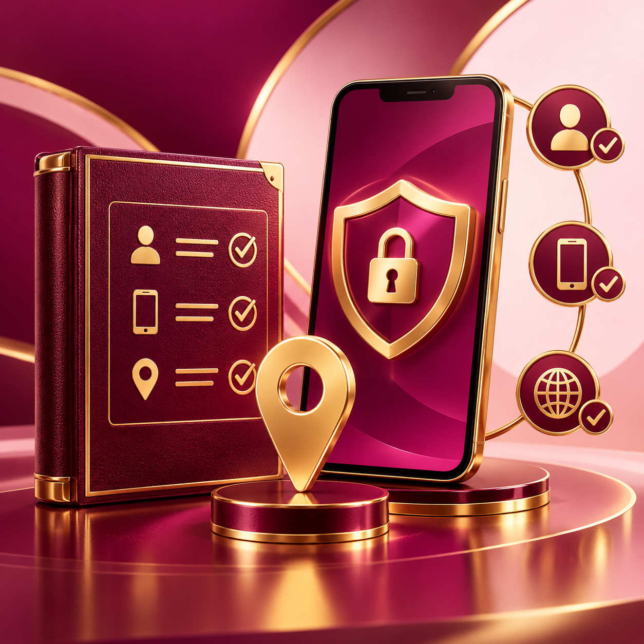 Rulebook and map pin beside a protected magenta smartphone