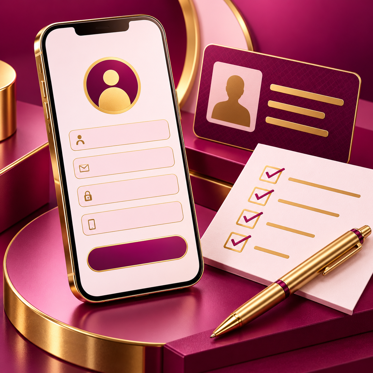 Registration form and gold pen beside an abstract identity card and phone