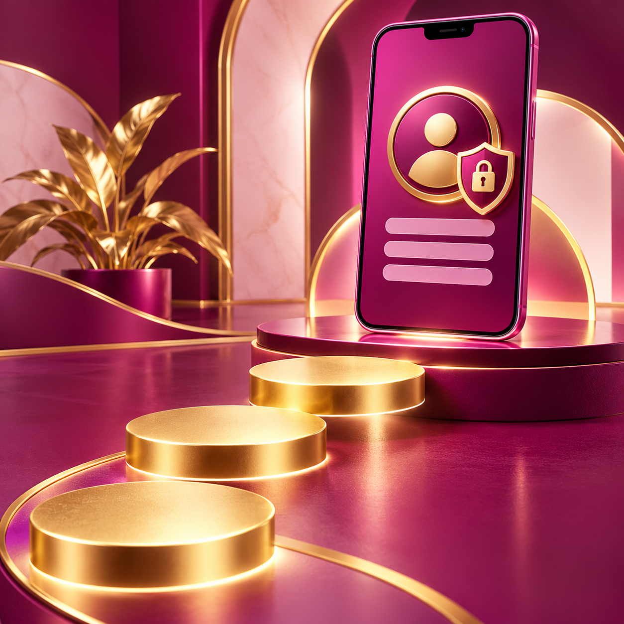 Gold steps leading toward a secure magenta account profile