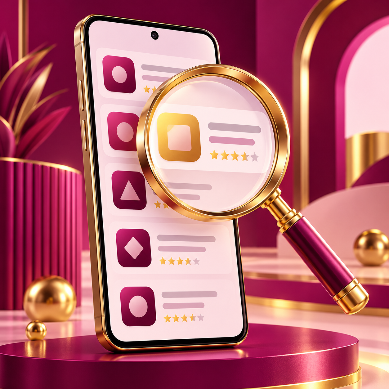 Gold magnifier examining an abstract Android app listing on a phone