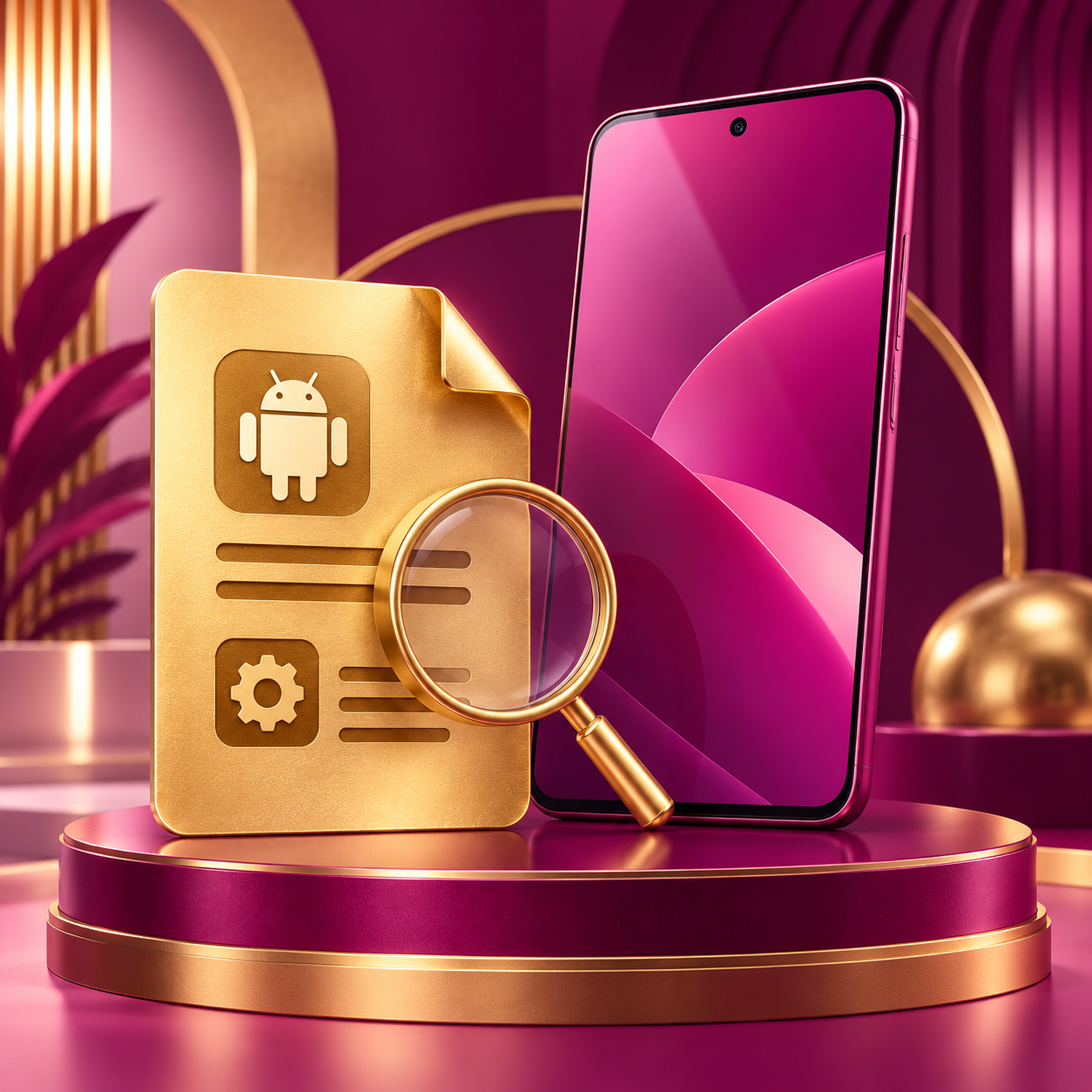 App source and version research beside a magenta smartphone