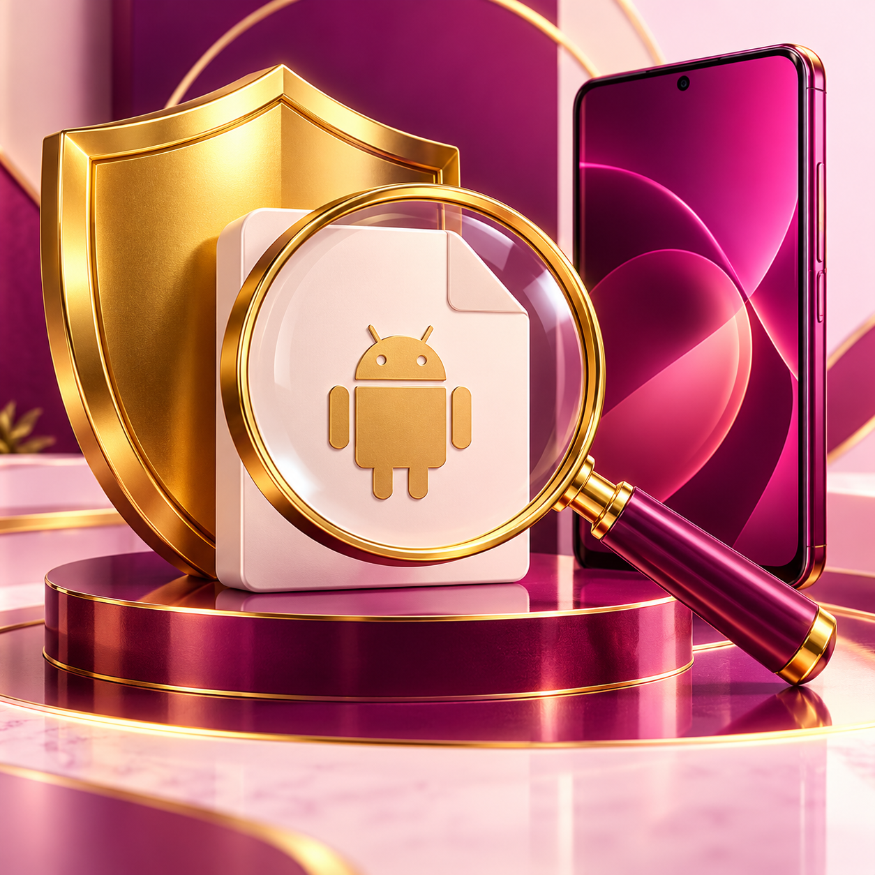 Gold shield inspecting a generic installation package beside a phone