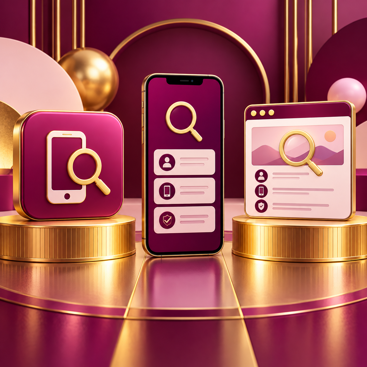 App tile and browser on balanced gold pedestals beside a smartphone