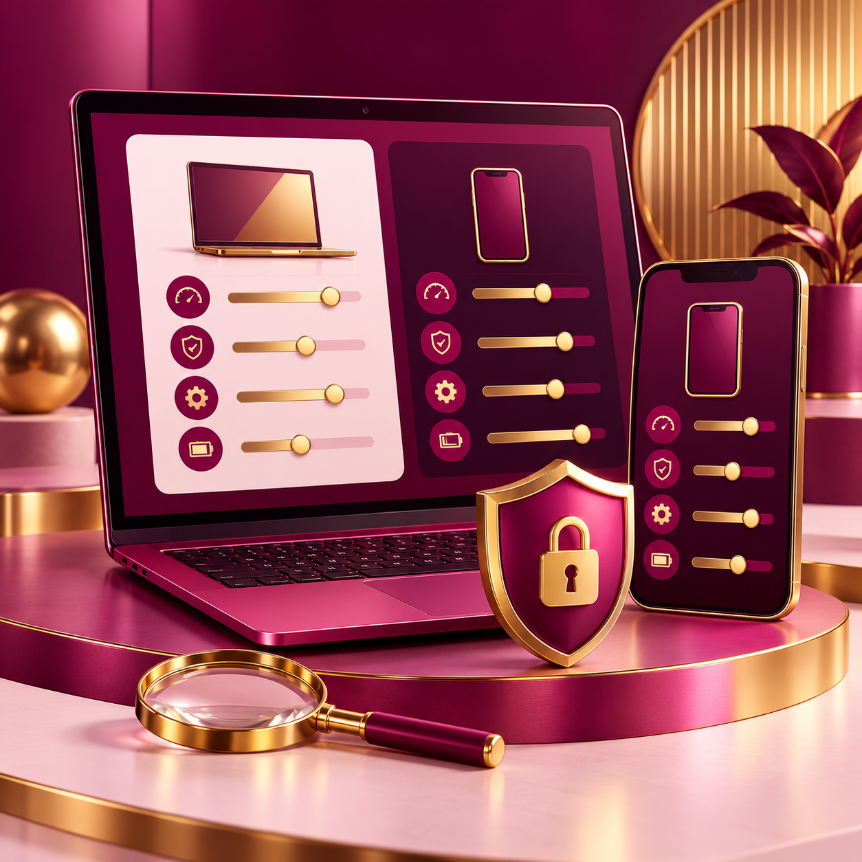 Laptop and phone with comparison controls and a gold privacy shield