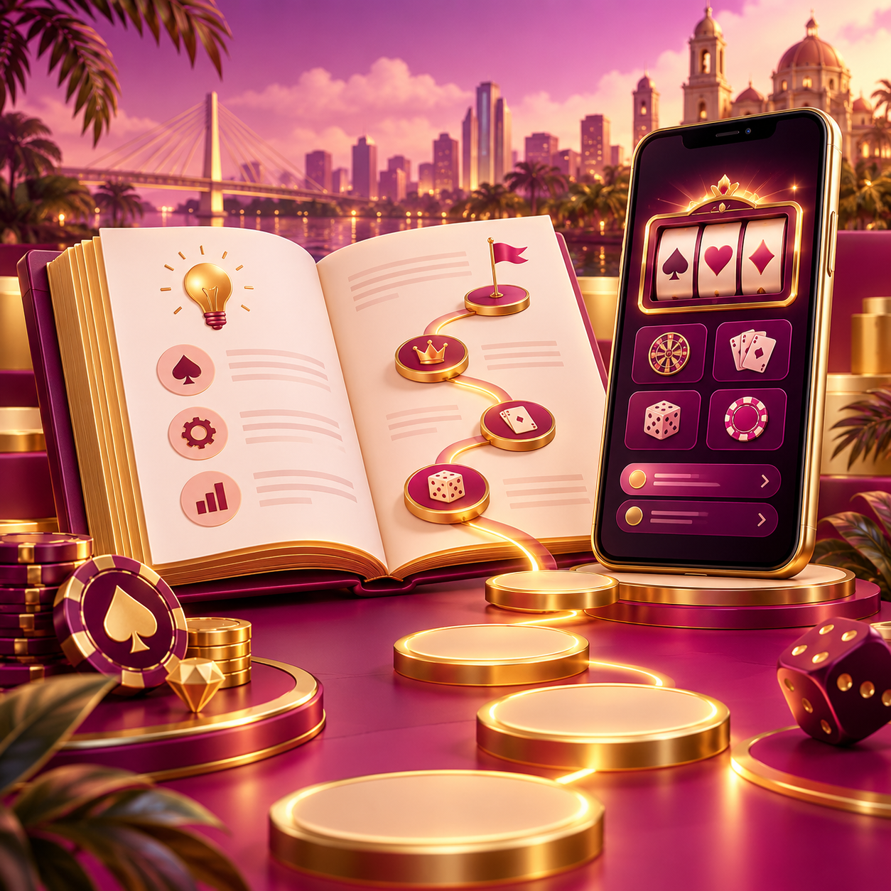 Beginner handbook and smartphone in the site’s magenta and gold colors