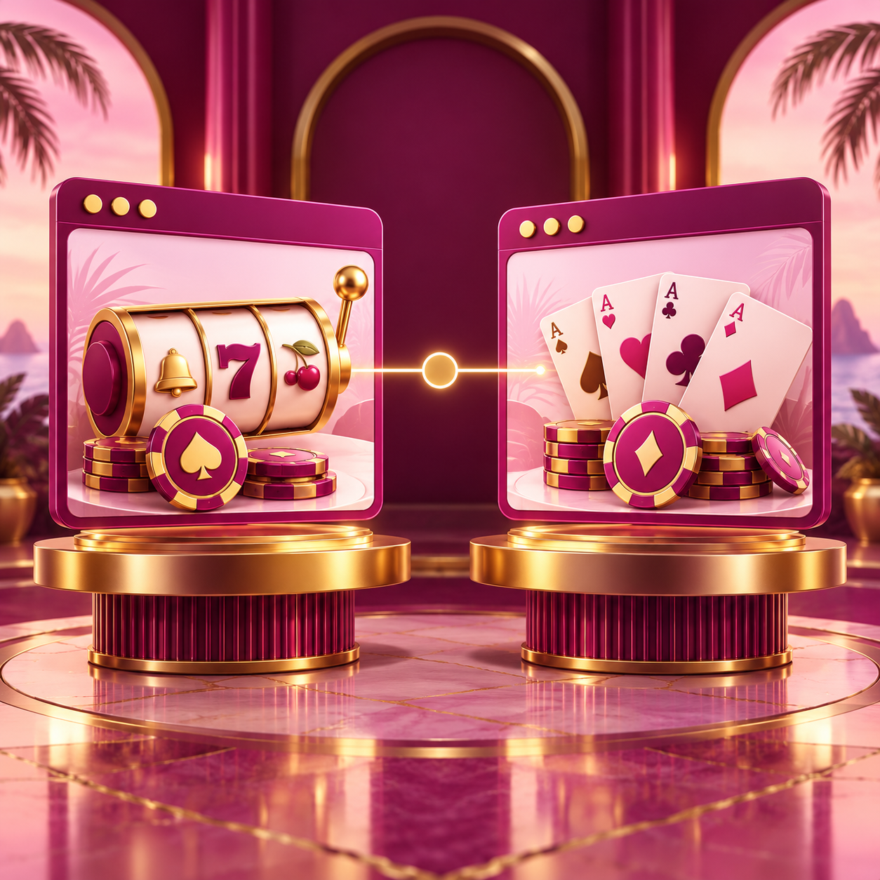 Two distinct browser windows on gold pedestals illustrating brand comparison