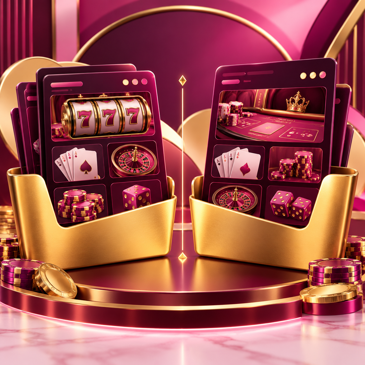 Separate magenta folders and digital interfaces representing distinct account services