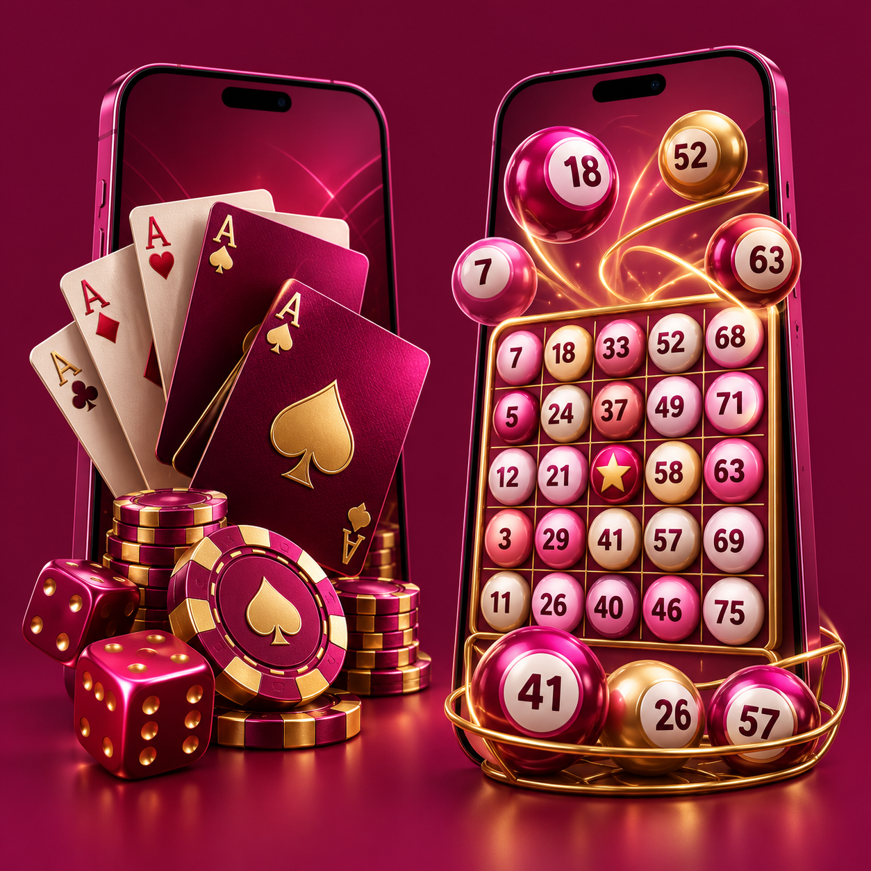 Casino cards and a bingo grid on separate magenta smartphone displays