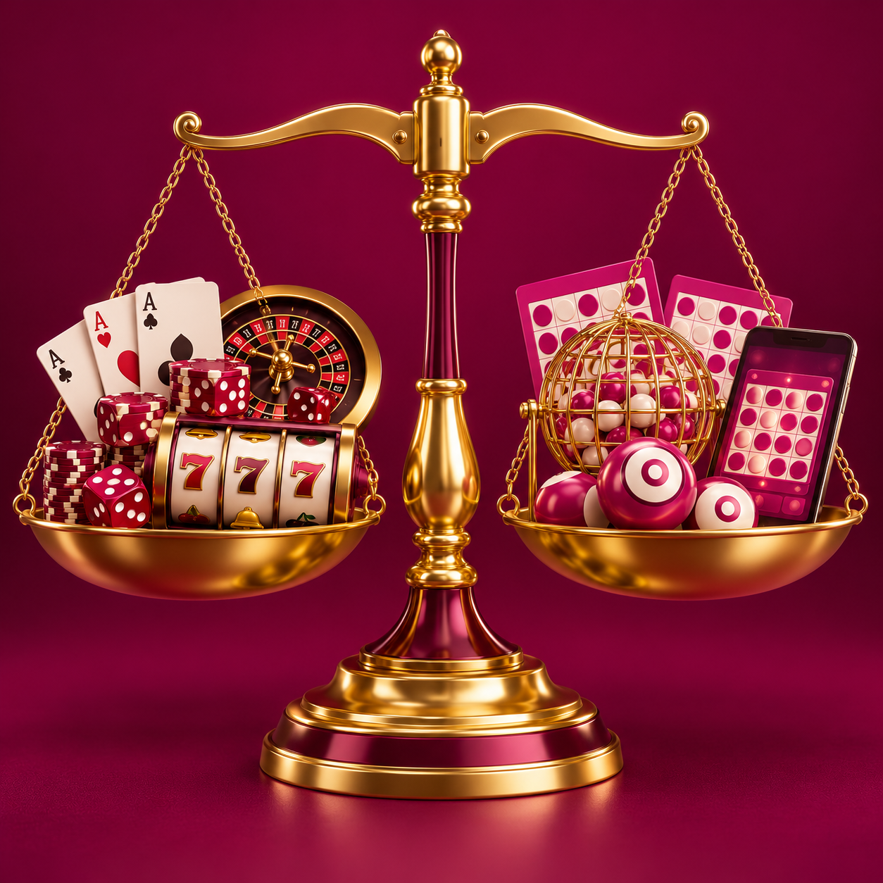 Gold balance scale comparing bingo and casino game research