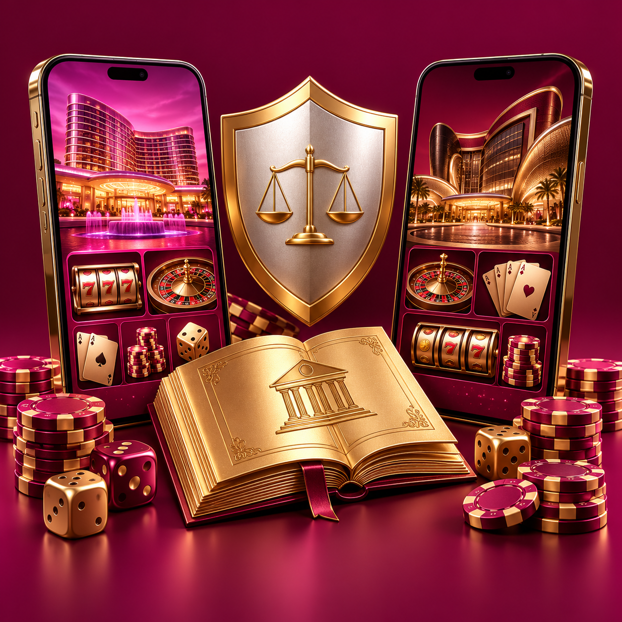 Two casino phones with a gold rulebook and neutral shield