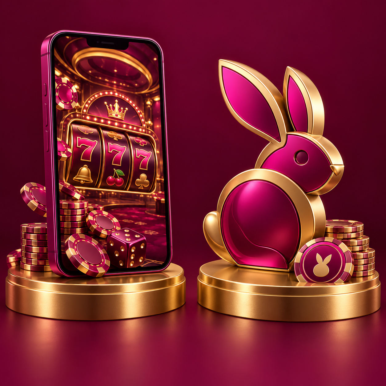 Two gold platforms with a magenta casino phone and abstract rabbit token
