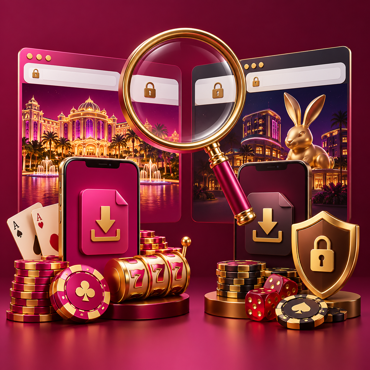 Gold magnifier examining browser addresses and a sealed mobile app package
