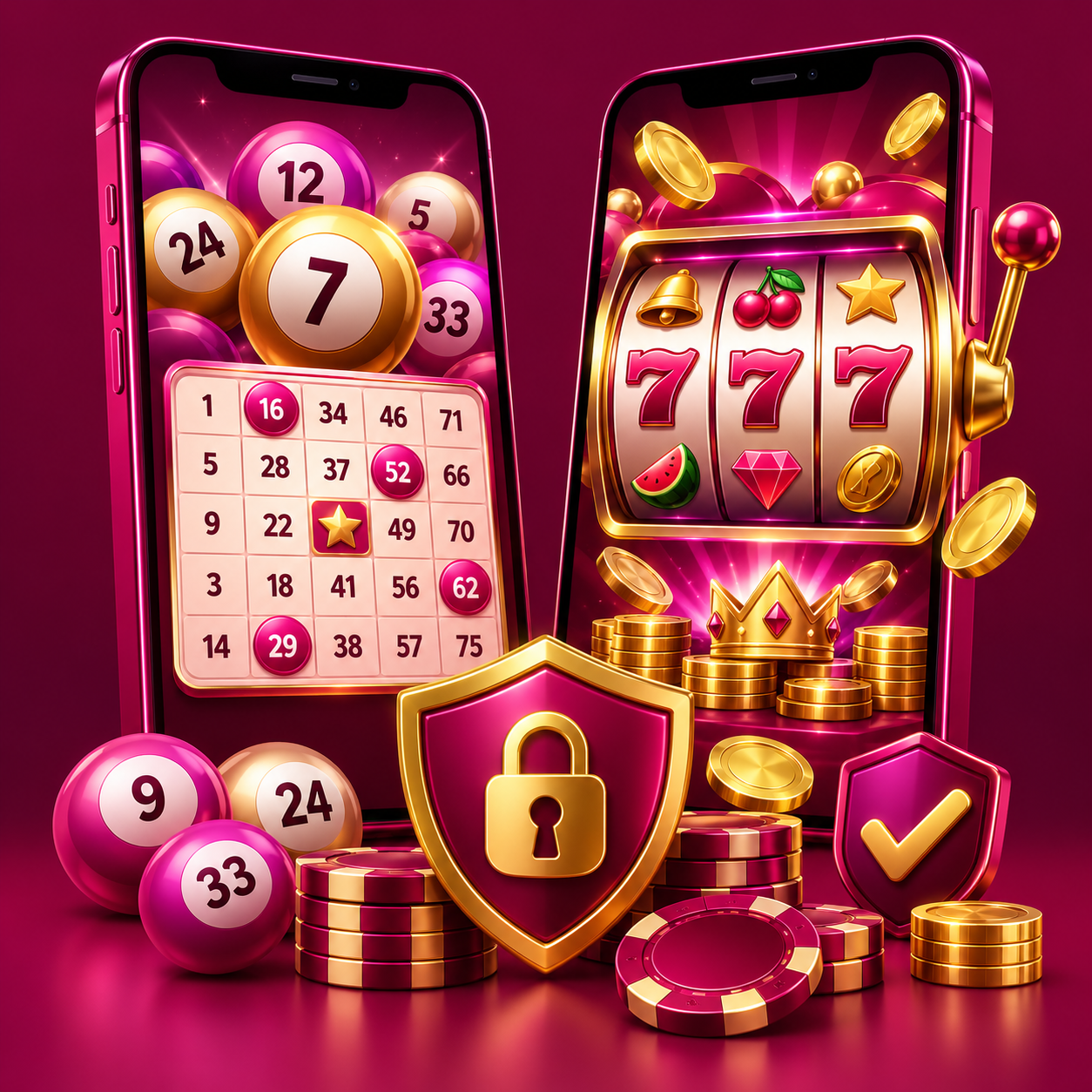 Bingo grid and slot symbols on two distinct magenta smartphone displays