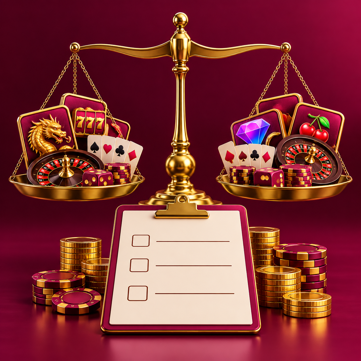 Gold scale with casino tiles and a blank transaction checklist