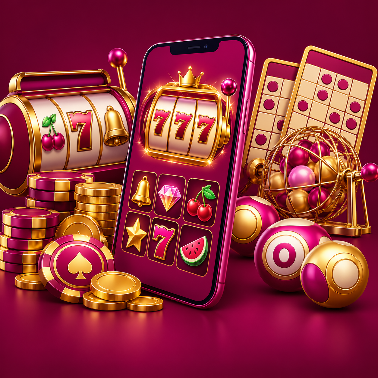 Gold slot symbols and bingo grids beside a magenta smartphone