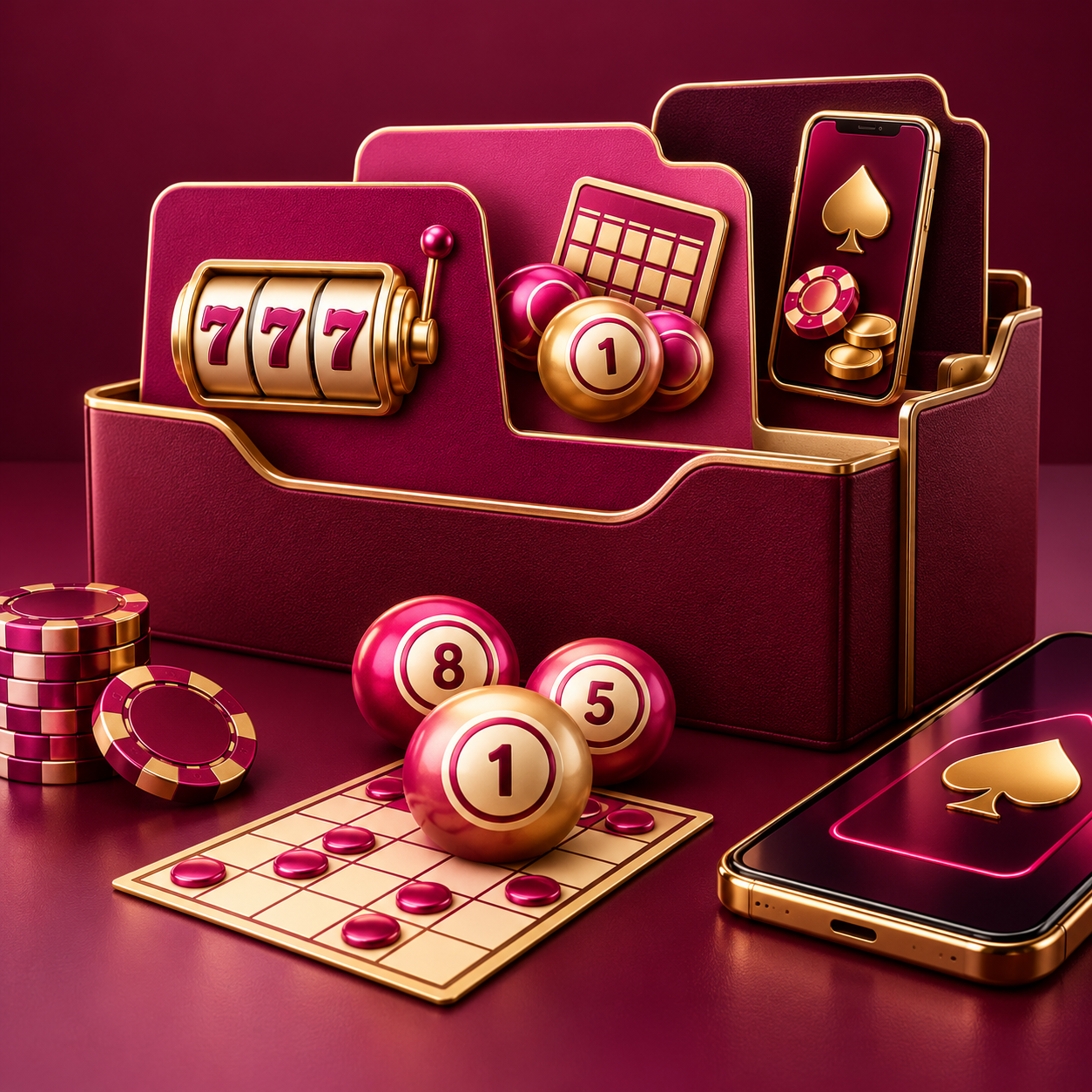 Catalogue tabs sorting slot and bingo symbols on a burgundy desk