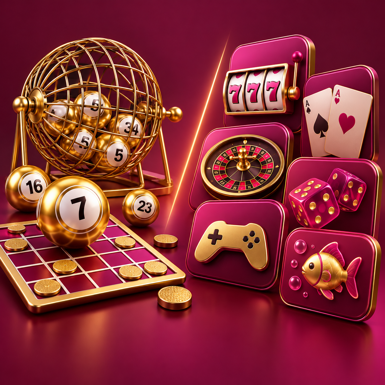 Gold bingo balls and grid opposite magenta casino game tiles