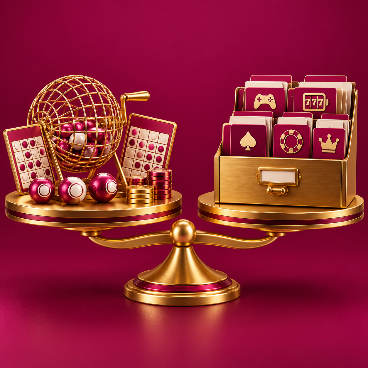 Separate bingo and card catalogues on balanced gold platforms