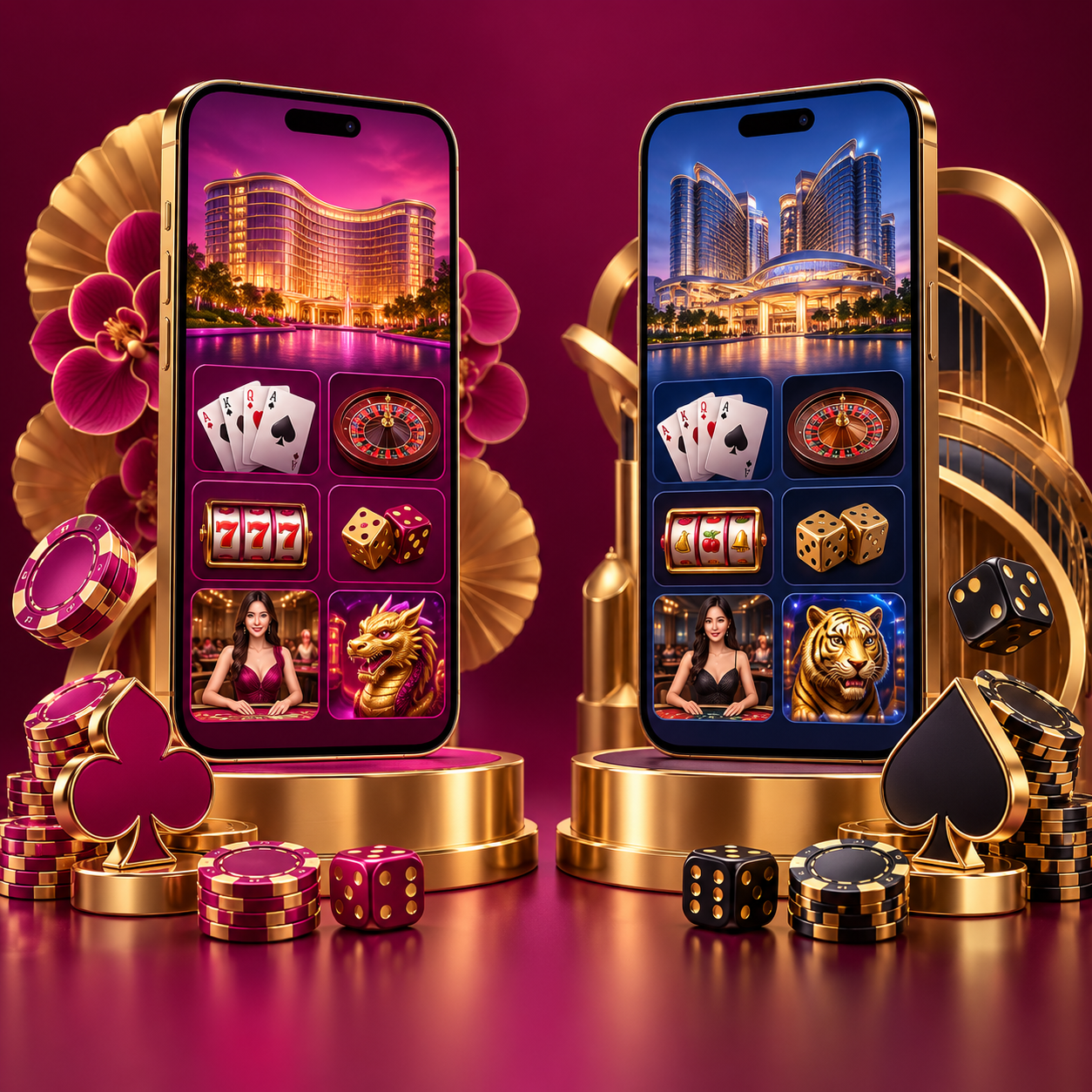 Two luxury casino-inspired phone displays on separate gold platforms