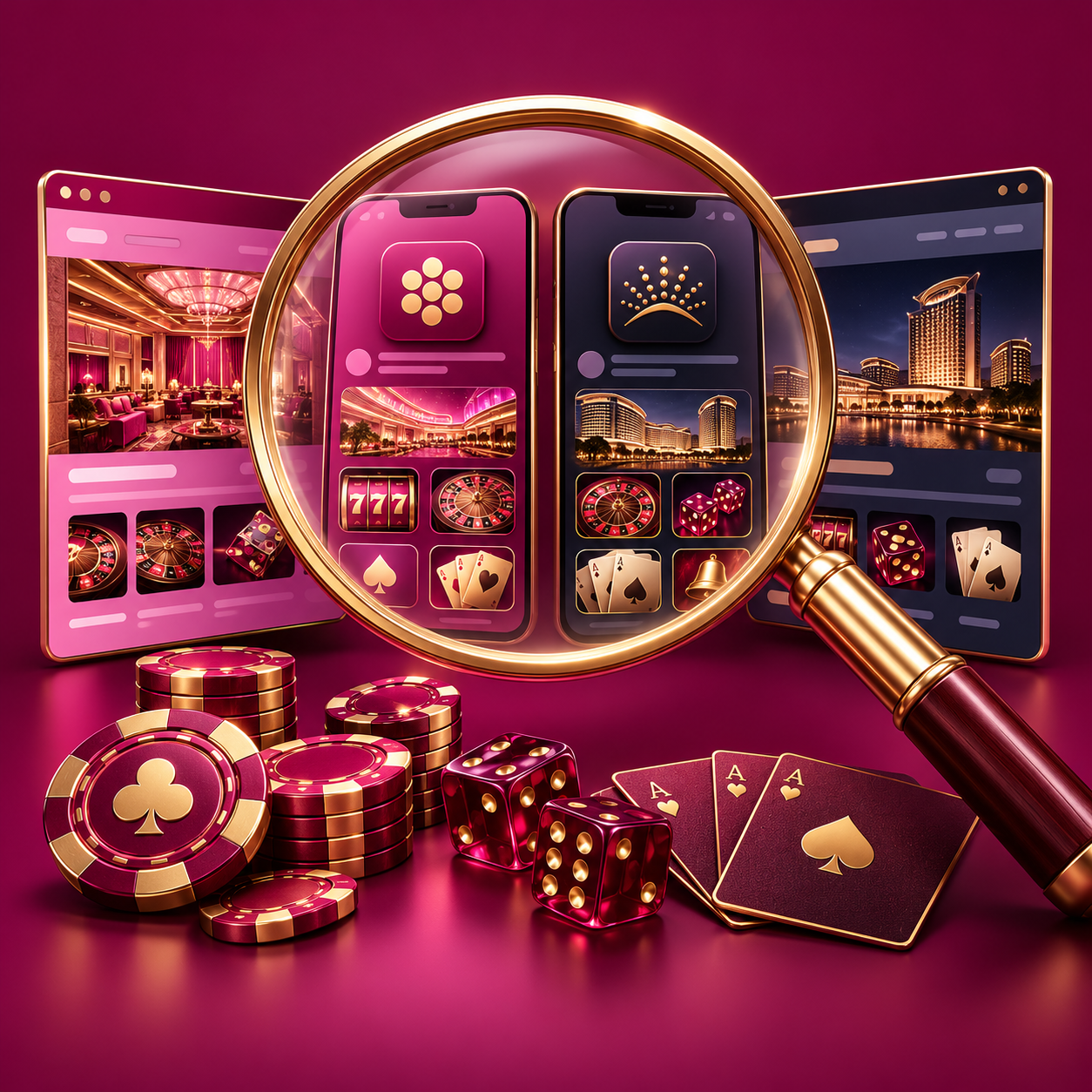 Gold magnifier comparing abstract app listings and browser windows