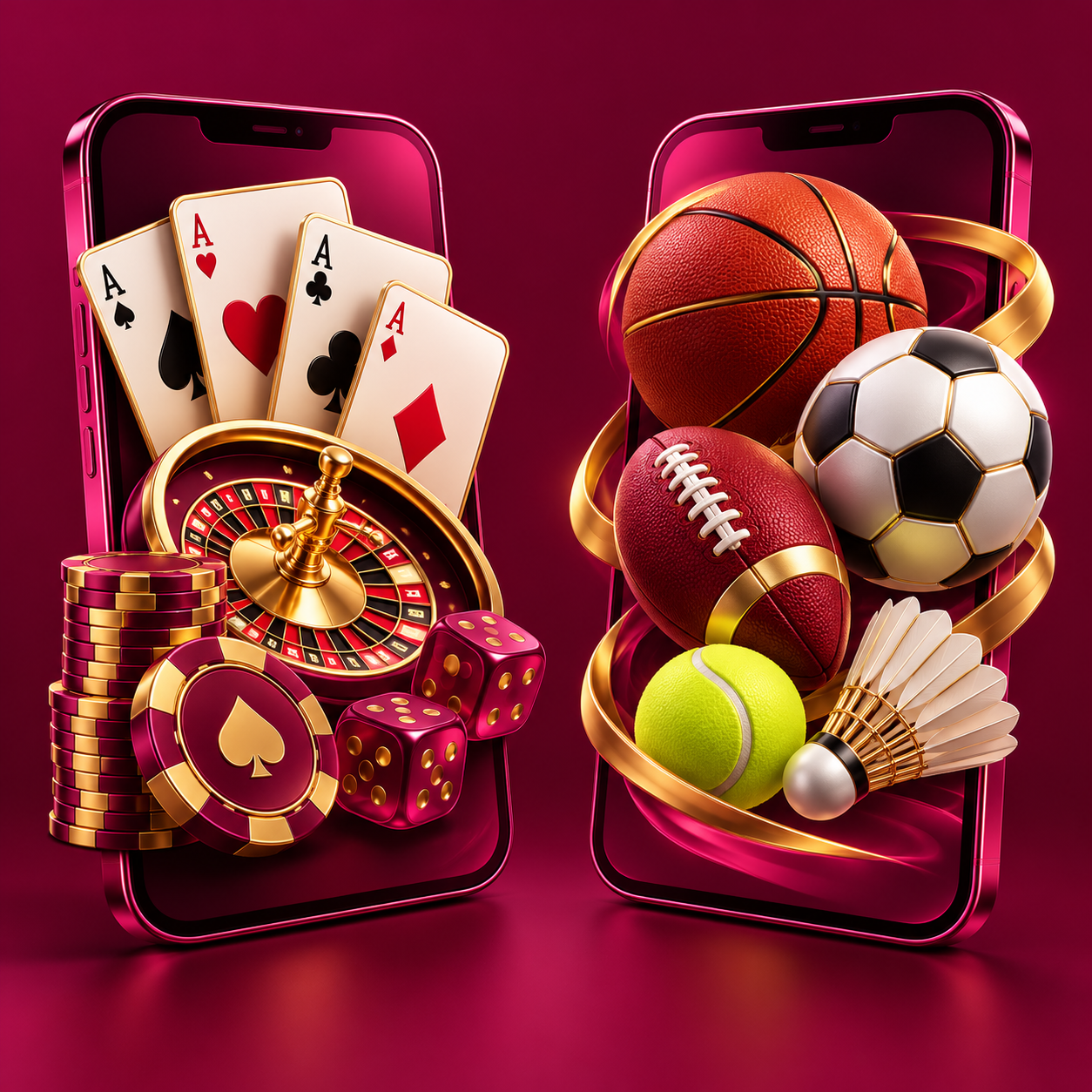 Casino card icons and sports ball icons on separate magenta phones
