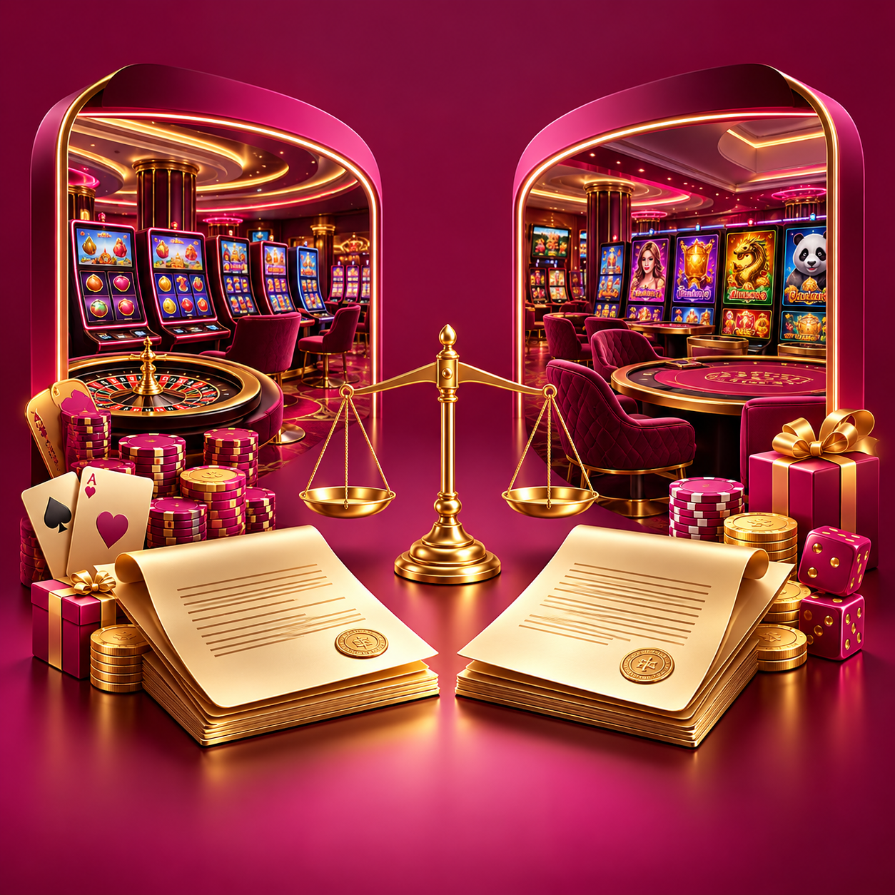 Two digital game lobbies beside gold conditions documents and a scale