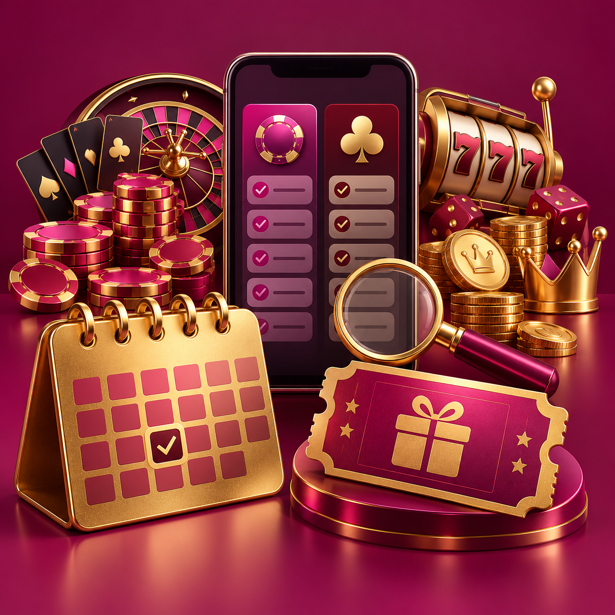 Gold calendar and promotional ticket beside mobile terms research