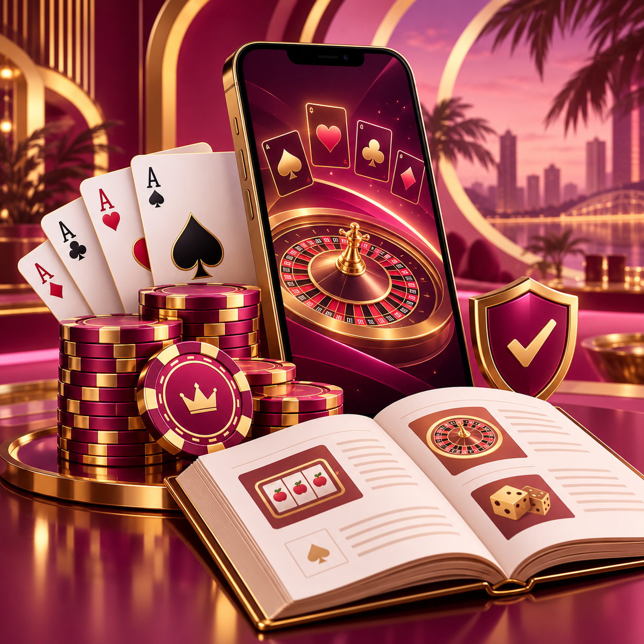 Magenta and gold smartphone, casino game symbols, shield and open guidebook