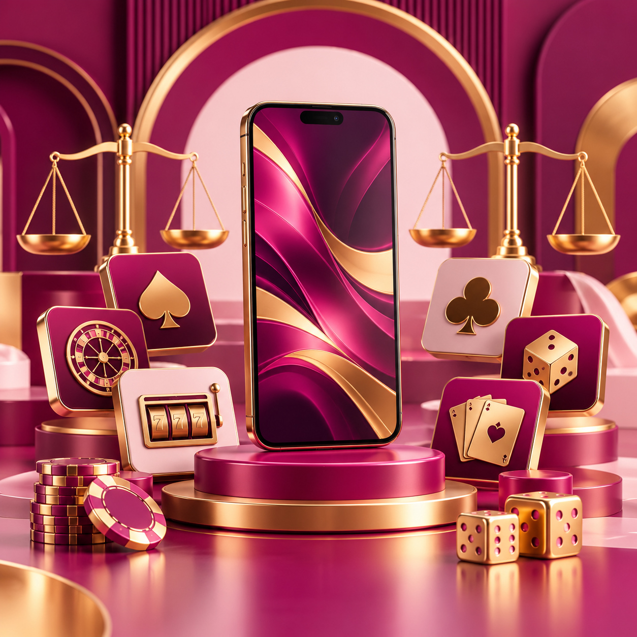 Magenta smartphone surrounded by game tiles and balanced feature review scales