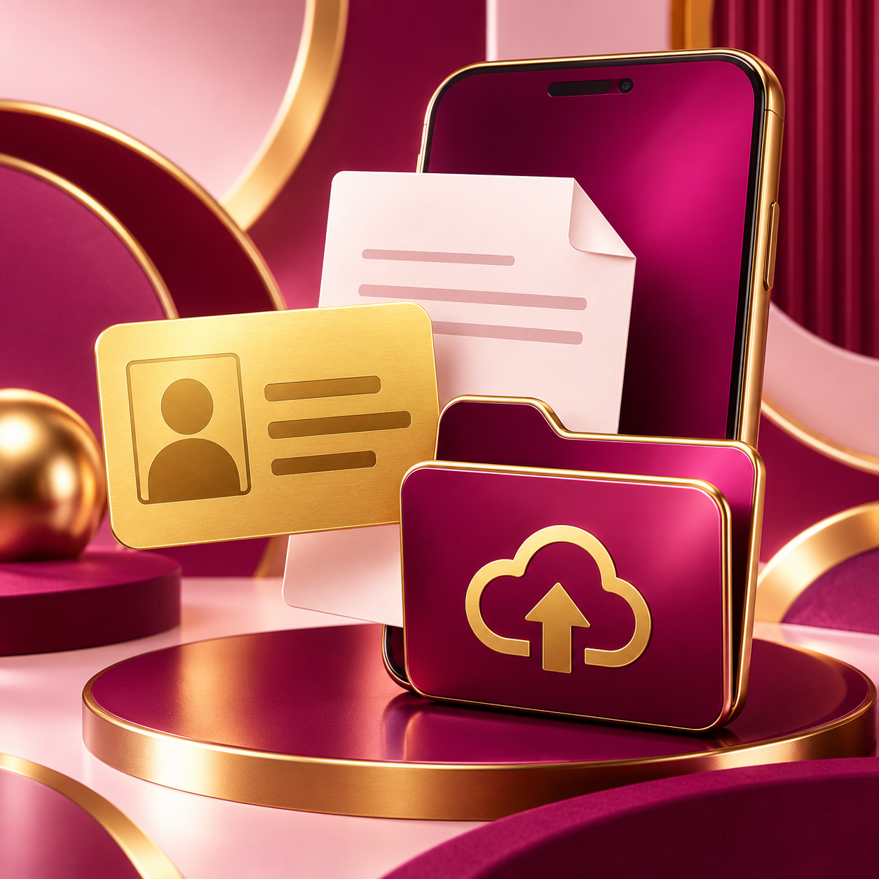 Abstract identity card and secure upload folder beside a magenta phone