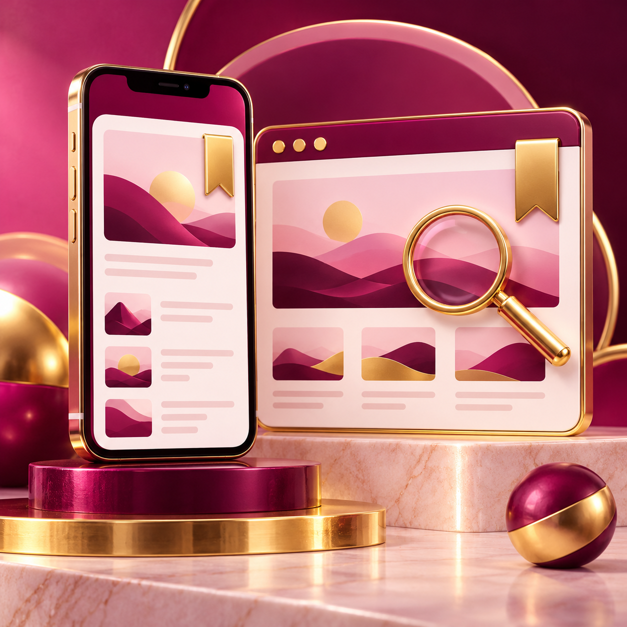 Rounded smartphone, Safari style browser and gold bookmark for iPhone access