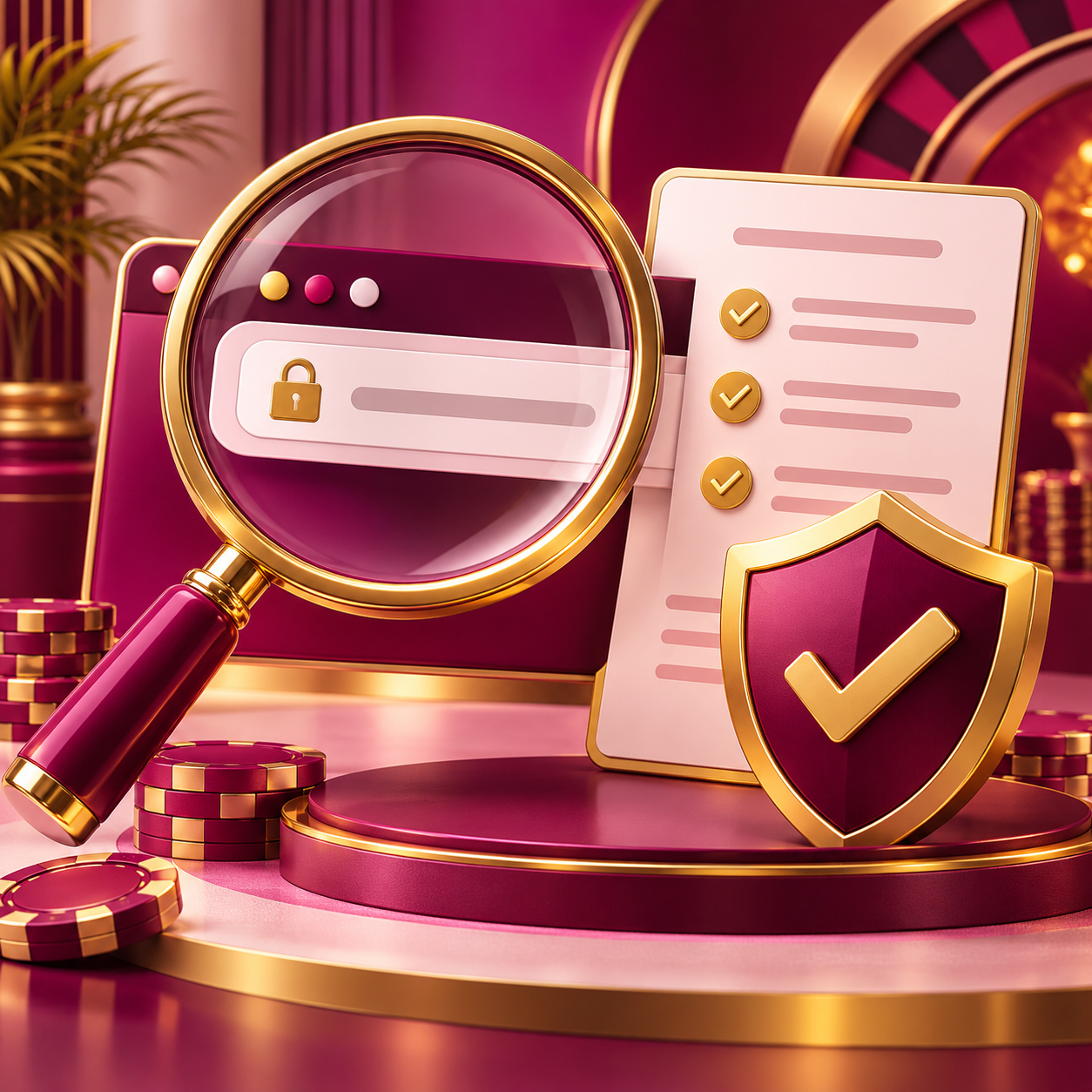 Magnifying glass examining a browser address beside a gold verification shield