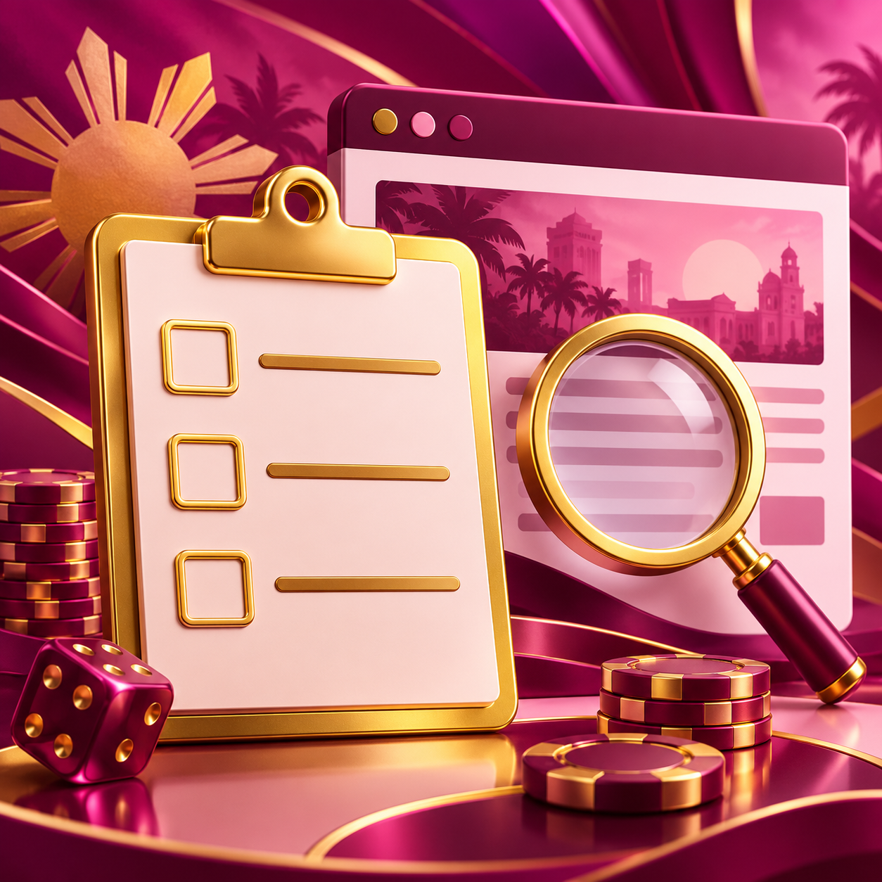 Magenta browser window and gold checklist illustrating registration research