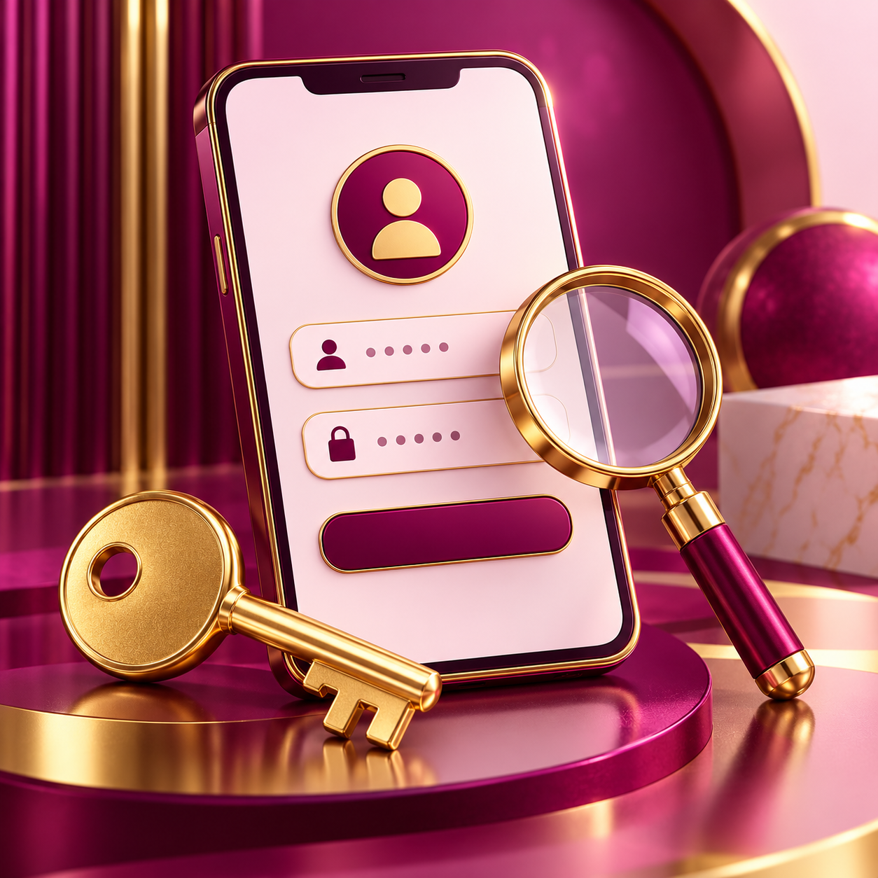 Gold magnifying glass and key beside a smartphone login window