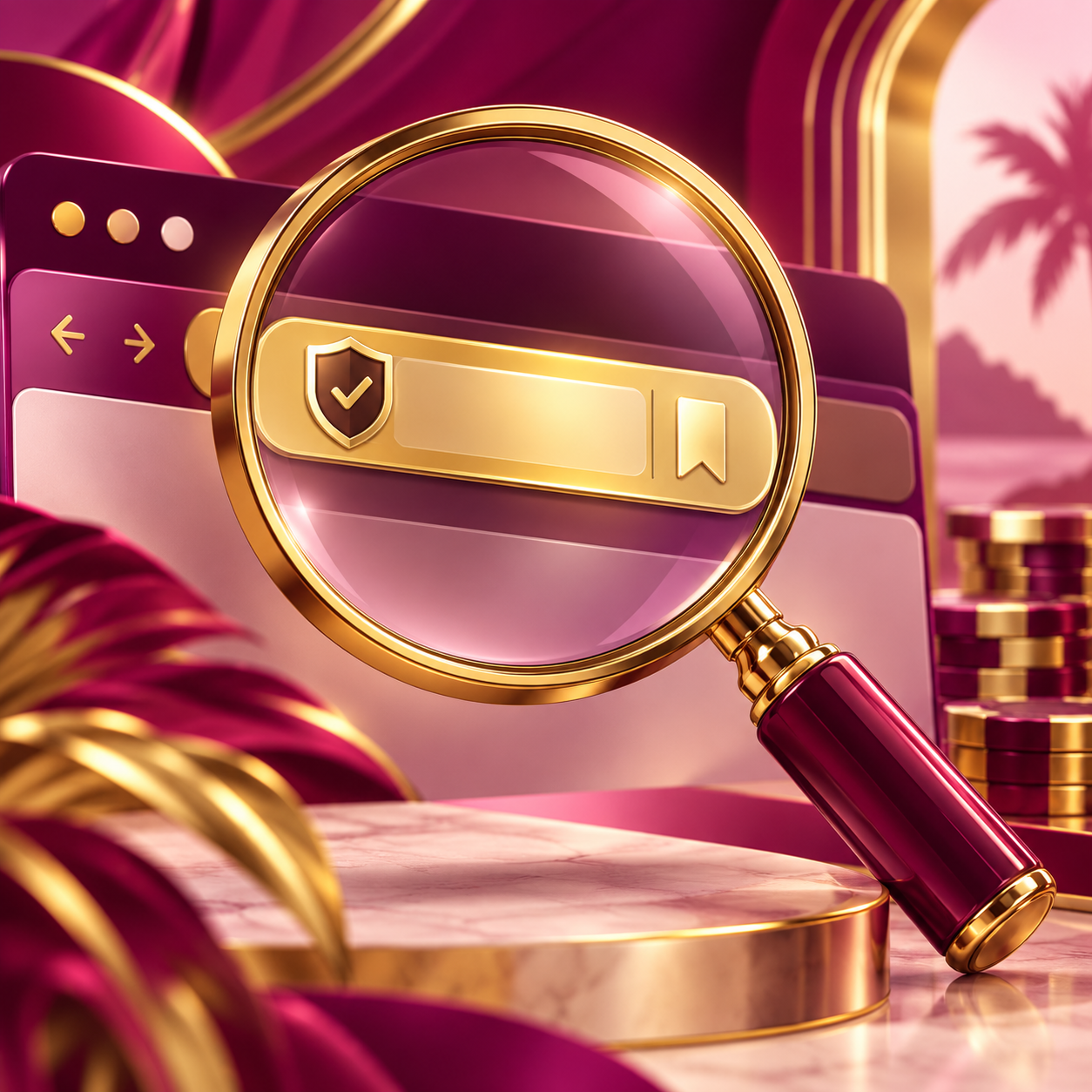Gold magnifying glass inspecting a magenta browser address bar