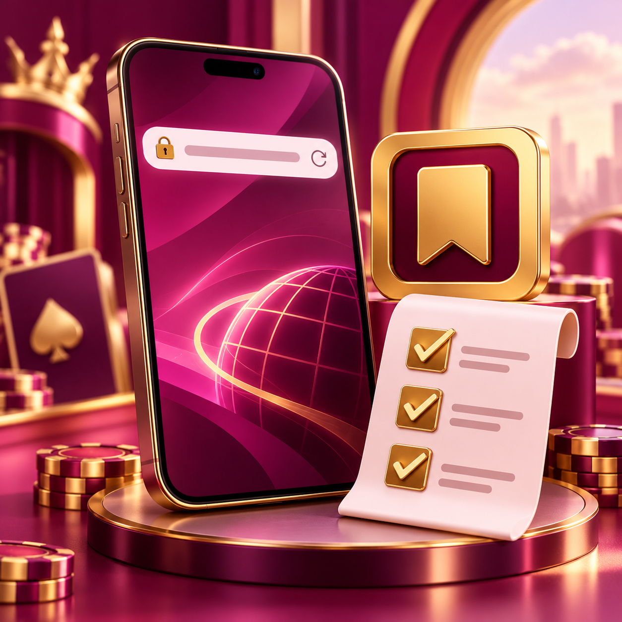 Phone address bar and gold bookmark illustrating a verified destination