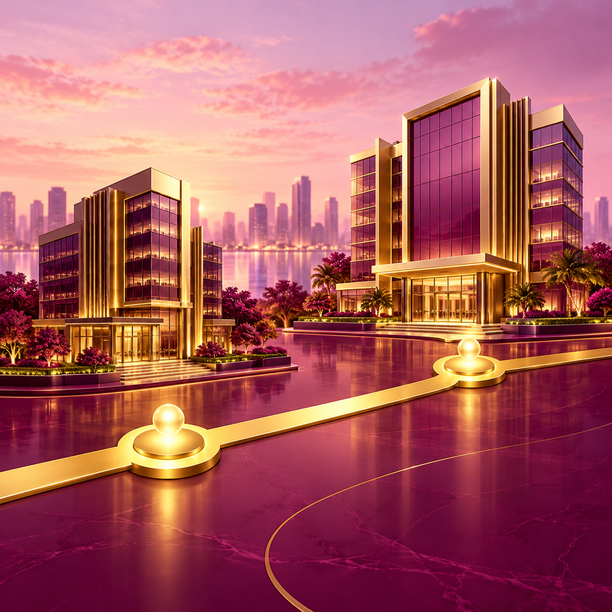 Gold milestone timeline and office buildings representing the 2026 launch history