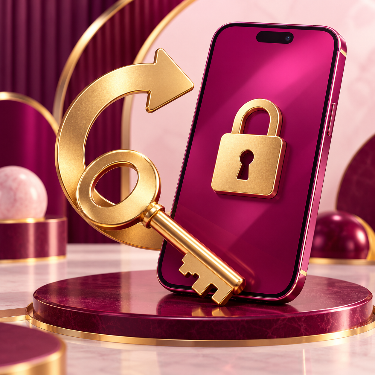 Gold key and recovery arrow beside a locked magenta phone