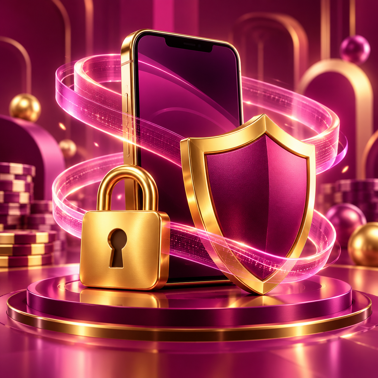 Gold padlock and shield protecting a magenta smartphone