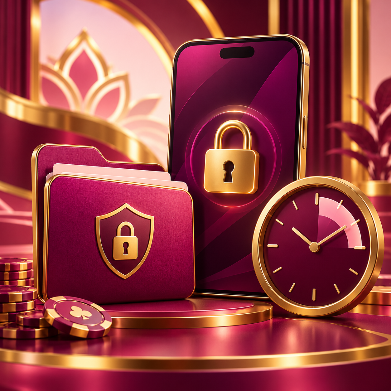 Locked phone, privacy folder and clock illustrating security and session awareness