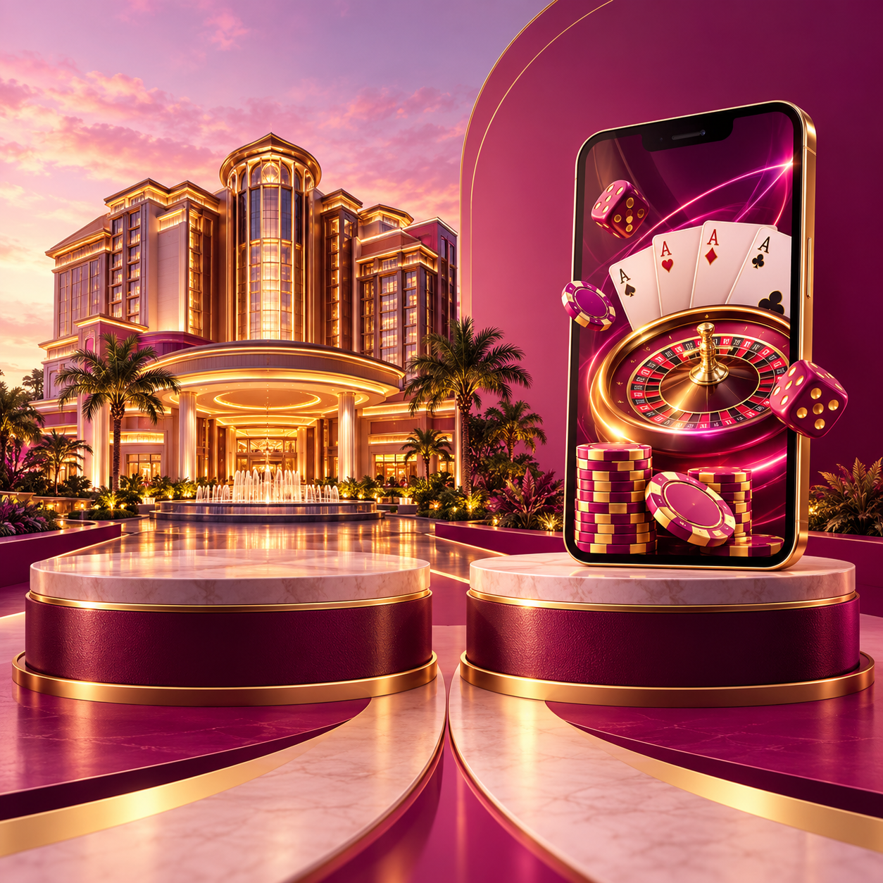 Resort building and smartphone displayed separately on magenta and gold platforms