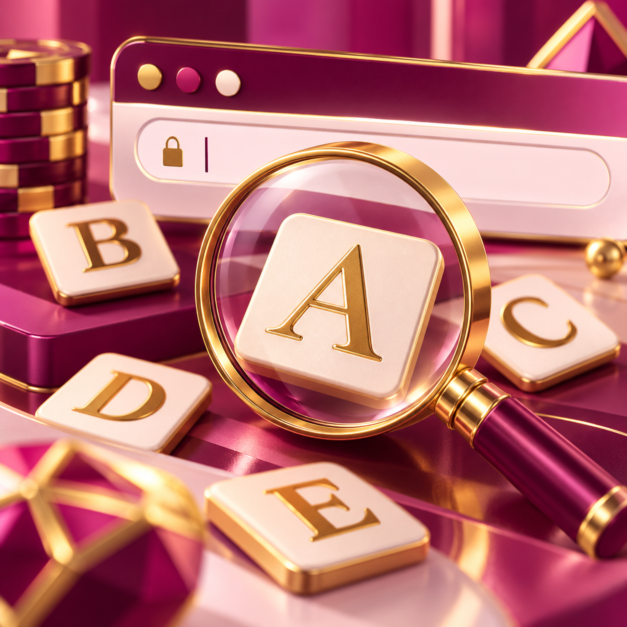 Magnifying glass and letter tiles illustrating a careful website spelling check
