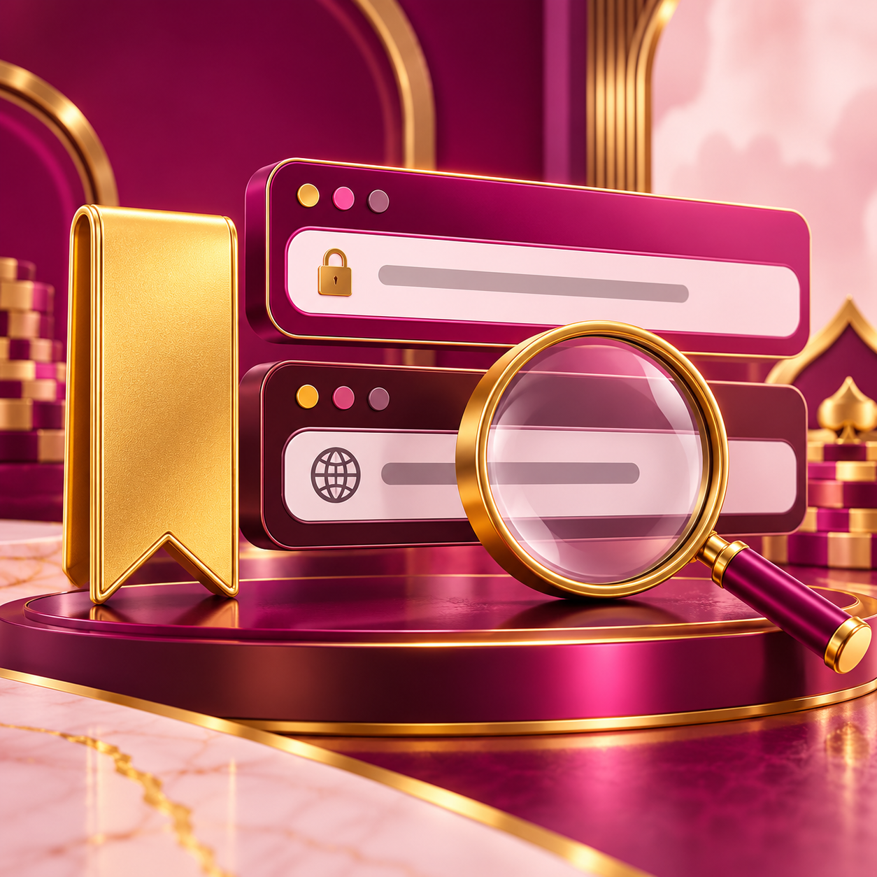 Gold bookmark and distinct address bars illustrating lookalike link research
